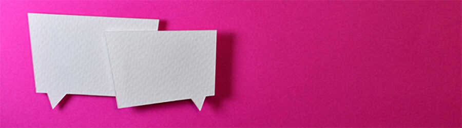 Speech bubbles on a pink background.