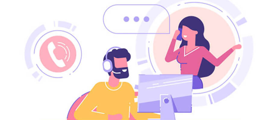 Customer service illustration. Man on computer and woman on phone.