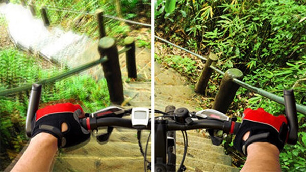 Split image of person riding a mountain bike down a flight of steps. The left side of the image is blurred and the right side is sharp.