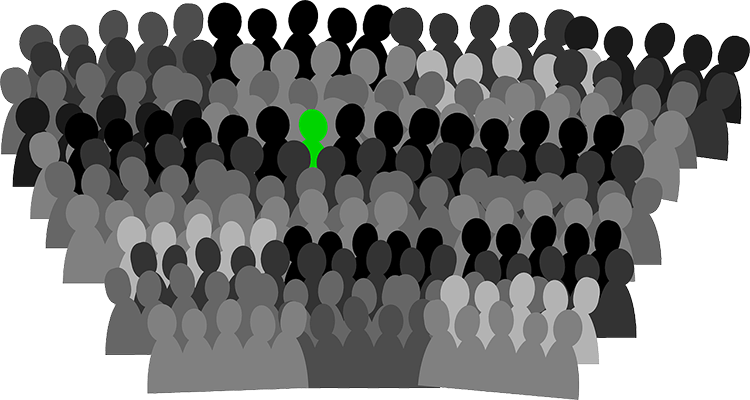Lots of people in shades of grey with one green person.
